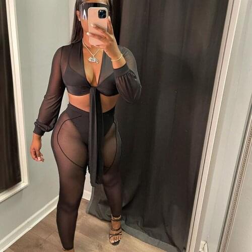 Sexy Sheer Mesh 2 Piece Set Women Matching Sets Festival Clothing Bow Tie Crop Top and Leggings Set Night Party Club Outfits