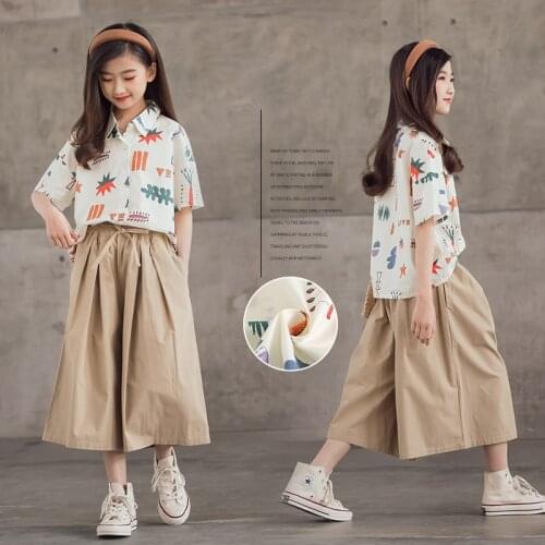 Girl Wide Leg Pants Sets 2021 New Print Children Clothing Loose Short-sleeved Shirt Trousers 2Pcs Student Teen Outfits 6 8 10 Y
