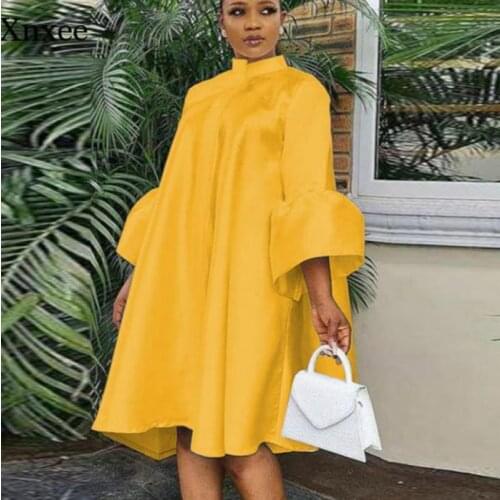 Summer Flared Sleeves Midi Dress Women Loose Stand Collar Oversized Blous Plus Size Ladies Classy Autumn Robes Gowns Clothing