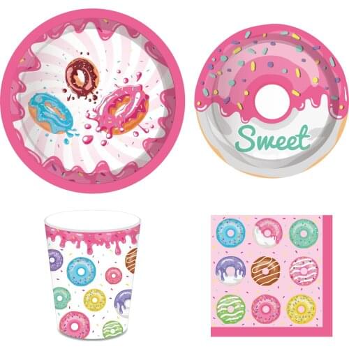 Sweet Donuts Theme Party Decorations Sets Plates Napkins Cups Disposable Tableware Kids Baby Shower Happy Birthday Party Favors