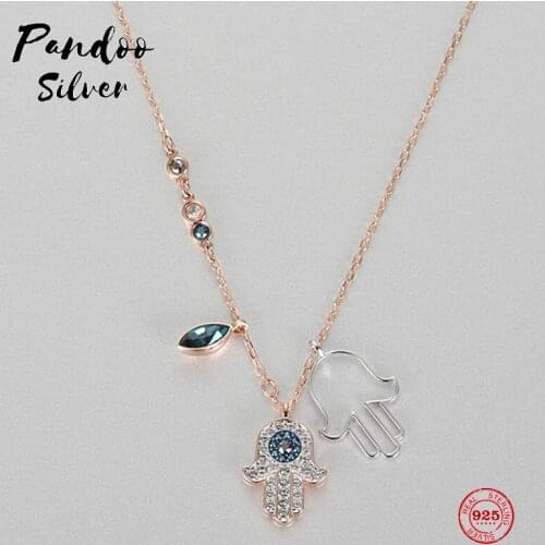 PANDOO Fashion Charm Pure 925 Silver Original 1:1 Copy, Fatima Lucky Shelter Hand Elegant Necklace Female Luxury Jewelry Gifts