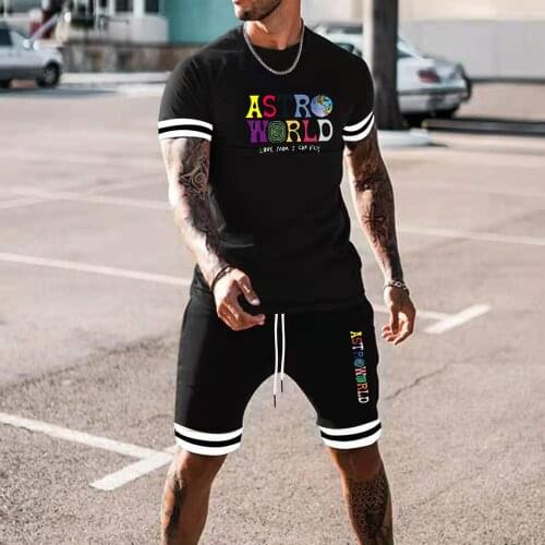 Mens casual suit 2021 summer new T-shirt 3D printing ASTROWORLD short sleeve + shorts two-piece fashion sportswear running suit