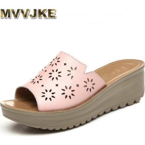 MVVJKE 2019 New Summer Hollow Real Leather Slippers Women Sandals Platform Wedges Fashion Sandals Shoes