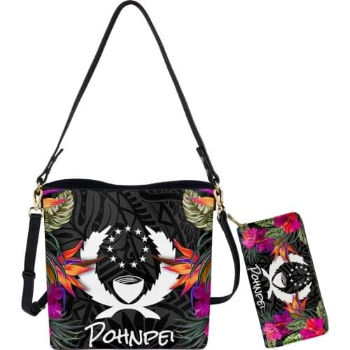 Noisydesigns Women Luxury PU Leather Bucket Bag And Purse Pohnpei Hawaii Polynesian Hibiscus Printing Shoulder Bolsa Totes Sac