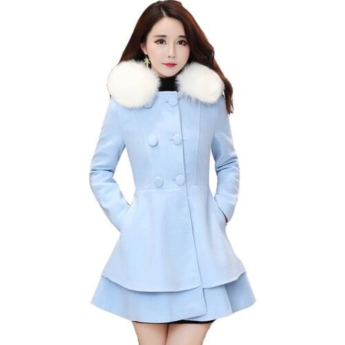 2020 winter new woolen jacket Female medium long hooded skirt coat ladies hooded large fur collar wool coats womens clothing