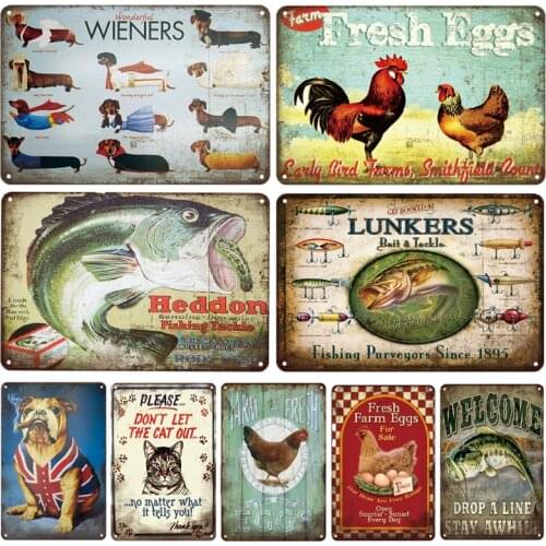 Cock Cat Dog Metal Sign Vintage Home Farmhouse Decor Shabby Chic Bulldog Poster Plaque Restaurant Irish Pub Shop Wall Stickers