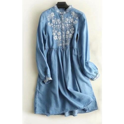 Bohemian Vintage Dress Spring Autumn Sleeve Soft Casual Denim Shirt Dress Jeans HIgh Quality Fashion Floral Embroidery Dresses
