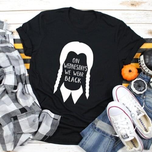 On Wednesdays We Wear Black T-shirt Funny Women Halloween Party Gift Tshirt Spooky Autumn Short Sleeve Graphic Holiday Tops Tees
