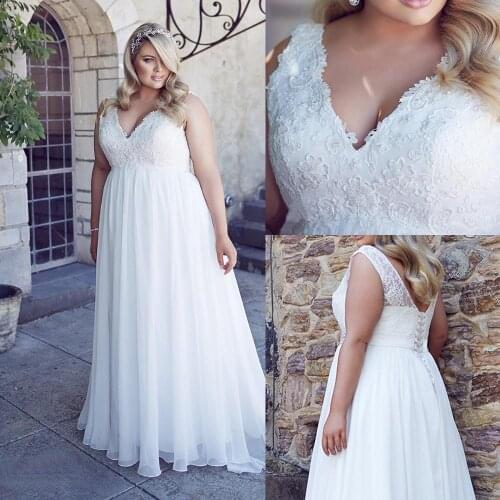 Chiffon Applique Lace Plus Size Beach Wedding Dress Corset Back White Empire V Neck Bridal Gown 26W robe de soiree longue