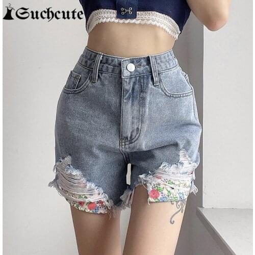 SUCHCUTE Harajuku High Waist Denim Shorts For Women Summer Streetwear Sexy Ripped 90s Jeans Shorts Korean Slim Outfits Shorts
