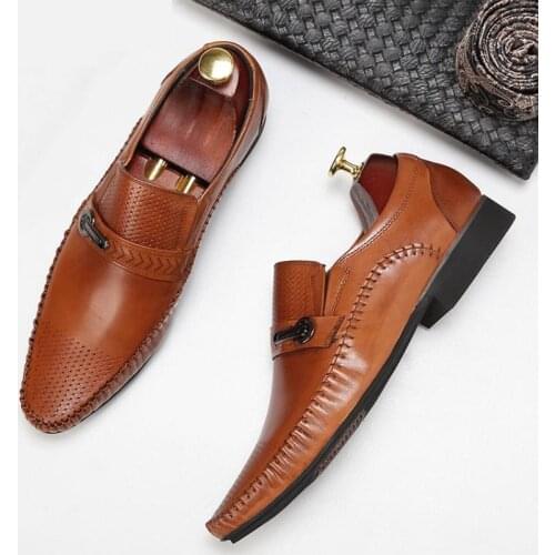 Summer Breathable Genuine Leather Casual Shoes Men Loafers Pointed Toe Dress Shoes Mens Daily Office Work Soft Comfortable Shoes