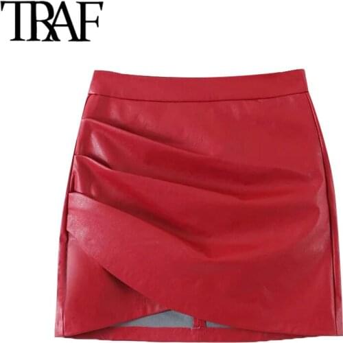 TRAF Women Chic Fashion Faux Leather Pleated Asymmetrical Mini Skirt Vintage High Waist Back Zipper Female Skirts Mujer
