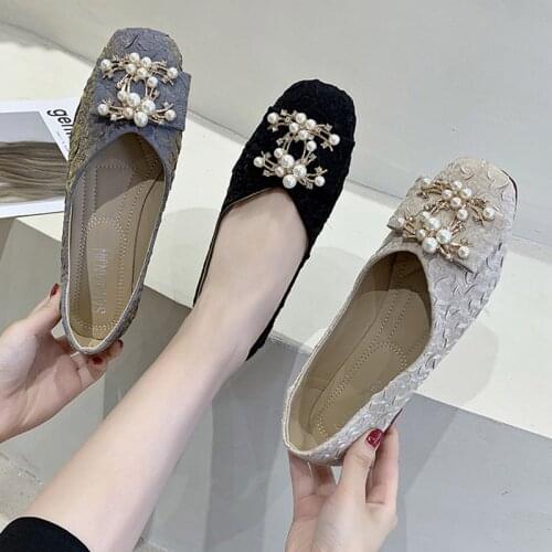 Plus Size Women Ballet Flats Jacquard Fabric Slip on Flat Shoes Pearls Square Toe Boat Shoe Crystal Loafers Zapatos Mujer 9290G