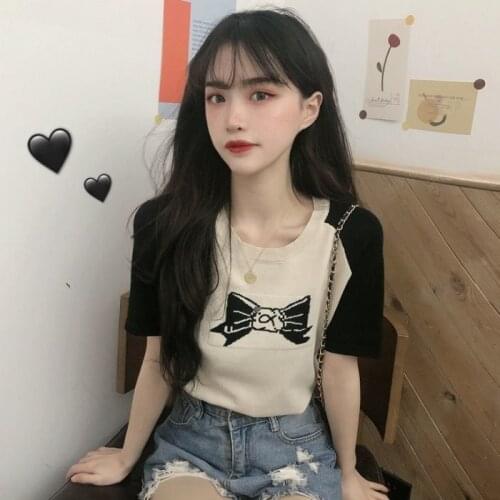 Woman TShirts Bow Jacquard Color Matching Short-Sleeved T-shirt Womens Summer Knitwear Top Crop Top Mujer Camisetas