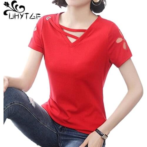 UHYTGF Cotton Women T-Shirts Short Sleeve V-Neck Pullover Summer Tops Female Fashion Hollow Soft Slim 4XL Plus Size T-Shirt 2049