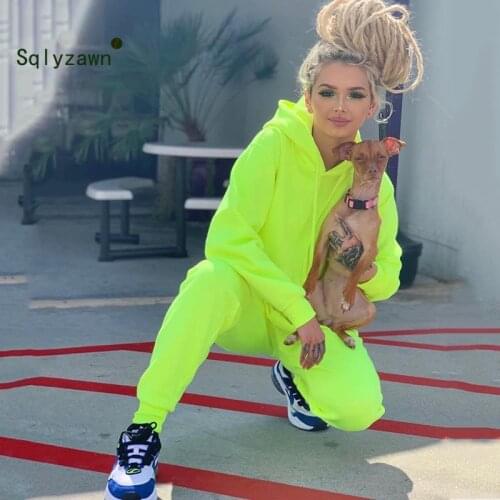2019 Neon Green Solid Tracksuit Women Set Casual Outfit Cute Two Pieces Set Pants Suit Long Sleeve Clothing Set Streetwear Femme