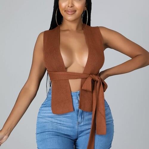 Knitted Tank Top Women Crop Top Designer Sexy Deep V-neck Baby Tee Solid Night Club Indie Summer 2021 Baddie Aesthetic Clothing