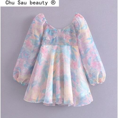 New Fashion Sweet Chic Tie Dye Printed Long Sleeve Organza Mini Dress Women Casual Style V-neck Dresses Female Zipple Vestidos