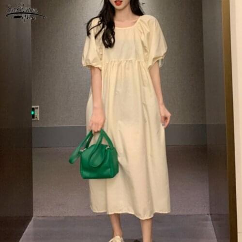 2021 Casual Loose Short Lantern Sleeve Maxi Dress Summer Dress Women Plus Size Bow O Collar Straight Dresses Robe Femme 15355