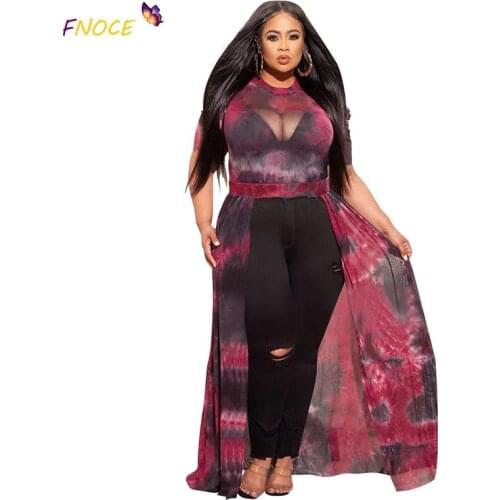 FNOCE Tie-Dye Printed Dress Sexy See-through Womens Clothing 2021 Casual Fashion Short Sleeve Ladies Shirtdress Round Neck