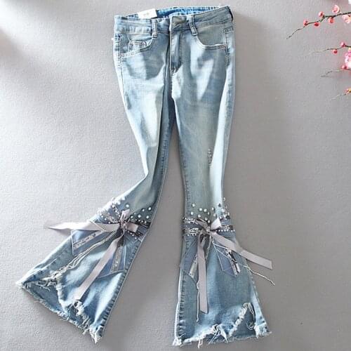 New Brand 3D Luxury Beading Sequined Flare Pants Women Slim Fit Stretch Jeans Female Blue Casual High Waist Trousers Fashions