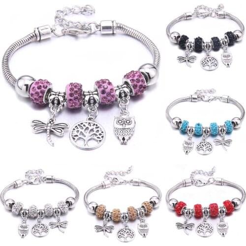 Dropshipping dragonfly owl Shape Crystal Charm Bracelets Beads Bracelet Women DIY Beads Brand Bracelets & Bangles Jewelry Gift