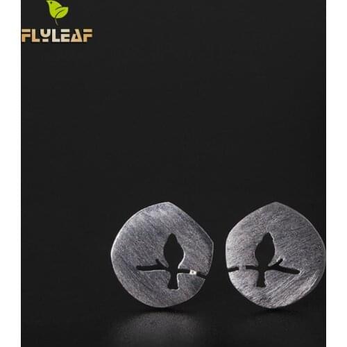 Flyleaf 100% 925 Sterling Silver Matte Tree Branch Bird Stud Earrings For Women Creative Lady Fashion Jewelry