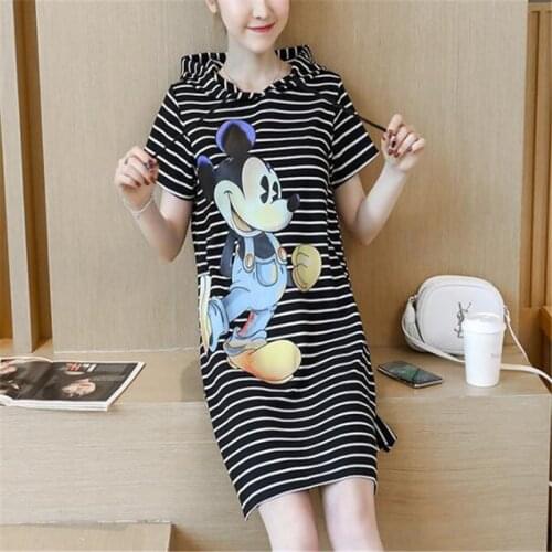 Disney Cartoon Mickey Mouse Tshirt Summer Casual Tee Shirt Oversized Women T-shirts O-Neck Black Stripe Tops T Shirt Loose femme