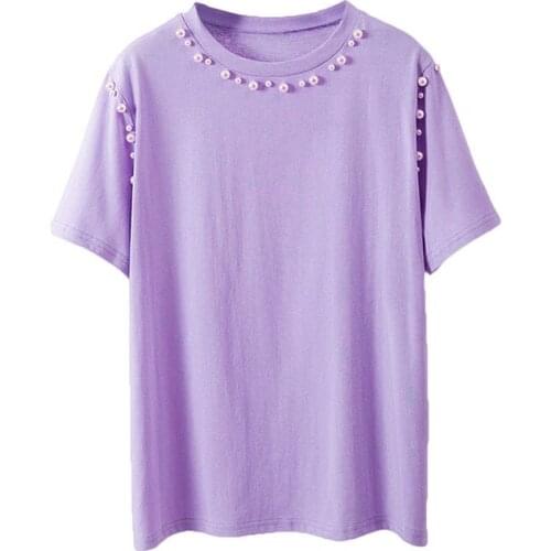 Summer Pearls Beaded Tshirt Women T-Shirt Female Korean Woman Clothes Vogue 2019 Short Sleeve 100% Cotton Tee T Shirt Femme