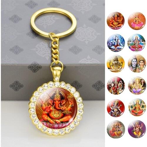 Hinduism Brahma Vishnu Shiva Glass Dome Keychain Gold Plated Rhinestone Key Chain Car Keyring Indian Jewelry