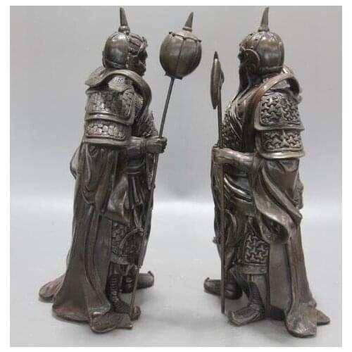 China Folk Auspicious Copper Bronze Feng Shui Guard Door-God Buddha Statue Pair