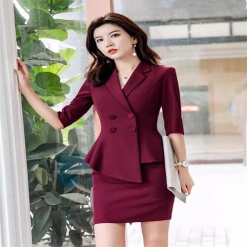 Red Skirt Suit 2 Pieces Set Fashion Business Women Suit Office Ladies Work Wear Uniform Interview Thin Blazer Hlaf Sleeve Top
