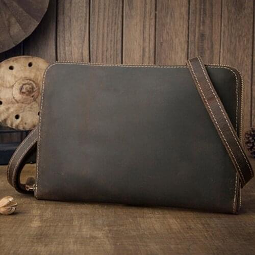 Handmade leather crazy horse leather retro envelope bag mens clutch simple casual one-shoulder diagonal bag