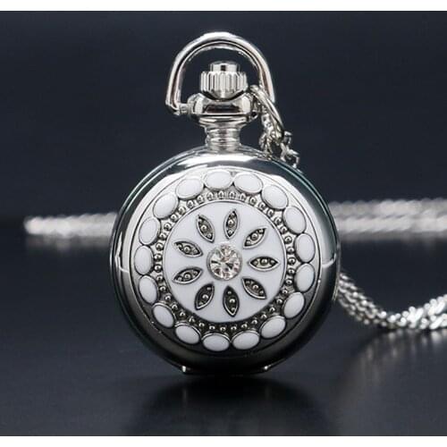 Fashion Silver White Ceramics Flower Crystal Small Size Quartz Pocket Watch Necklace Pendant Women Lady Girl Birthday Gift P205