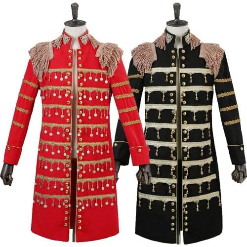 Mens medieval vintage black/red full golden leopard beading long jacket /dance/jazz/trendy stage performance/stuido/dance jacket