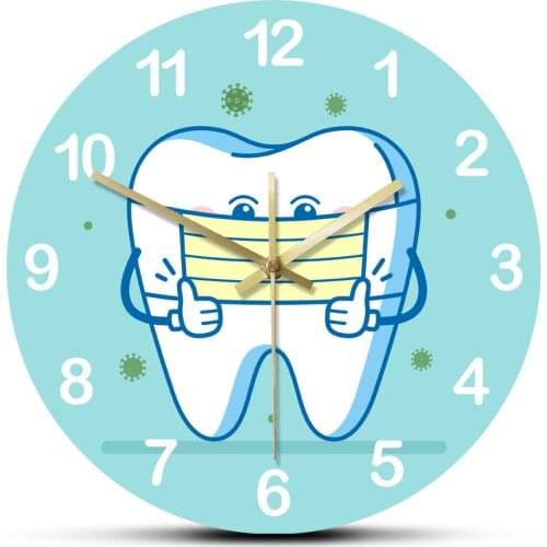 Tooth using Surgical Mask Rouned Printed Wall Clocks Dental Sign for Informing Patients Non Ticking Home Decorative Wall Watch
