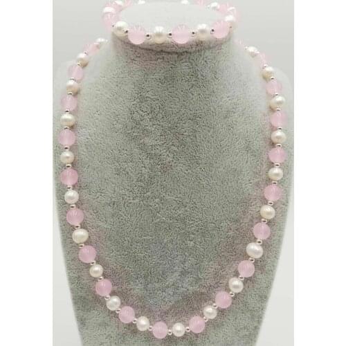 Natural 7-8mm White Pearl & 8mm Pink Jade Beads Necklace 18'' Bracelet 7.5