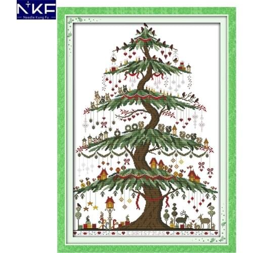 NKF Christmas Tree Counted Cross Stitch Set Embroidery Needlework Home Decoration Cross Stitch Kits with Printed Pattern DIY Kit