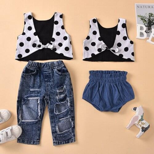 2020 TALLOLY new childrens clothing polka dot print back knotted European and American style ripped jeans kids suit