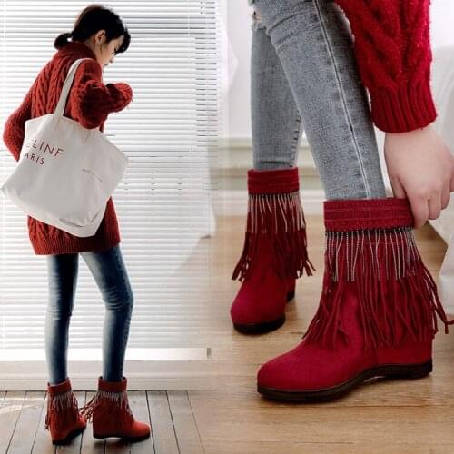 PXELENA Ethnic Hidden High Heels Women Tassel Boots Chains Round Toe Faux Suede Fashion Fringe Ankle Boots Female Shoes Footwear