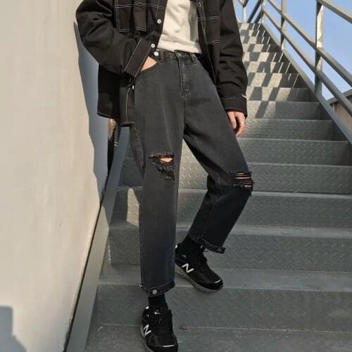 Ripped jeans men women Ankle-length loose streetwear 2021SS trend Vintage casual straight beggar pants hip hop punk trousers