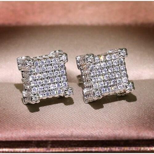 Bling Crystal Zircon Diamond Gemstones Square Stud Earrings for Men Women 18k White Gold Color Jewelry Bijoux Trendy Accessories