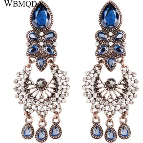 Luxury Boho Indian Long Statement Wedding Earrings For Women Antique Gold Blue Stone Crystal Tassel Earings Fashion Jewelry 2018