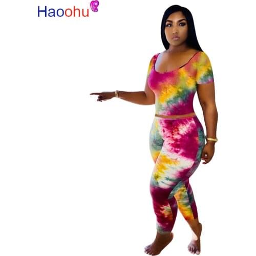 HAOOHU Sport Tie Dye Print Women two piece set Tracksuits Mini Tee Tops Straight jogger pants Suit Outfits Matching Set