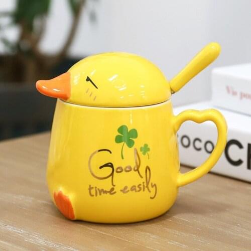 Super beautiful duck mug with lid spoon,Korean style yellow mugs,coffee cup creative mugs business office cup Drinkware