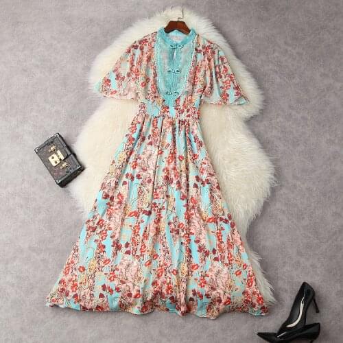 European and American womens wear for summer 2021 Short sleeved nail beaded disc buckle Blue Mosaic printing Fashion dress