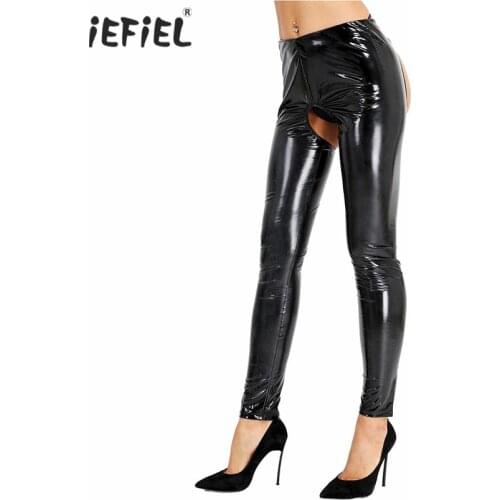Erotic Women Crotchless latex pants Lingerie Patent Leather Open Crotch Leggings Skinny Stretchy Pants Trousers Costume Clubwear