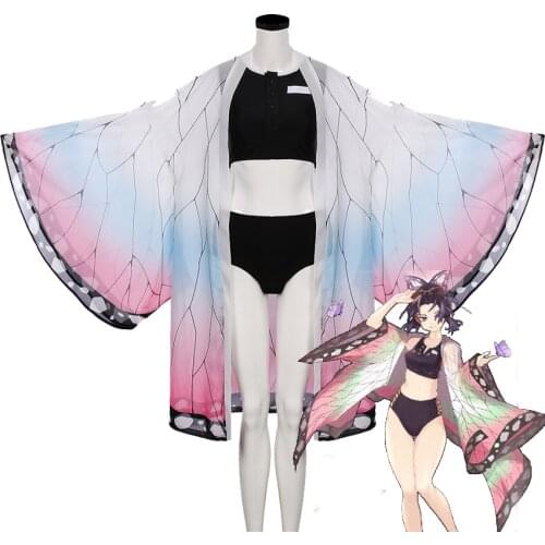 Takerlama Kochou Shinobu Swimsuit Cosplay Demond Slayer Tops Shorts with Butterfly Cloak Black Swimwear Woman Bathing Suits
