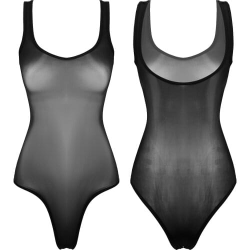 Women Exotic Ladies Glossy Scoop Neck Sleeveless Bodysuit Underwear See-through Leotard for Lingerie Party Teddies Bodycon