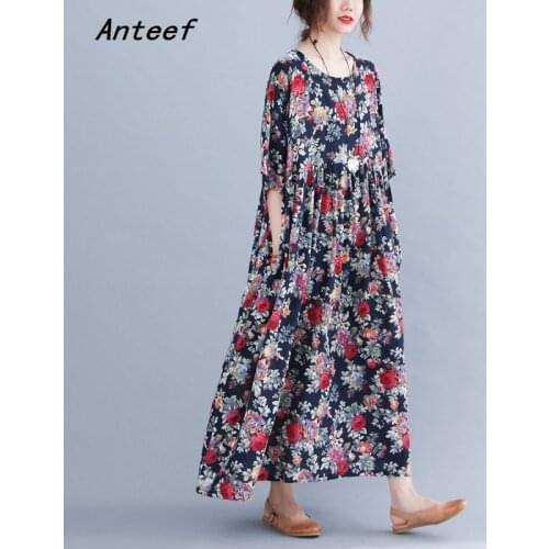 Short sleeve plus size cotton vintage floral dresses for women casual loose long woman summer dress elegant clothes 2021